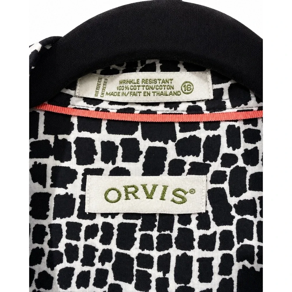 Orvis Shirt Women 16 Black White Geometric Wrinkle Free Cotton Button Down
